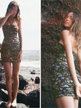 ⚡️NWT Zara Olive Green Floral Ruched Mini Dress with Halter-Tie
